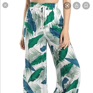 Wide leg high waisted drawstring tropical pant